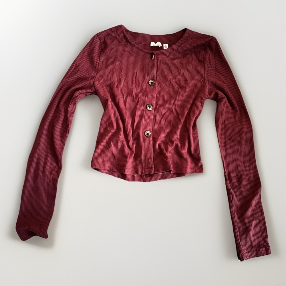 Wilfred Free Aritzia Purple Long Sleeve Ribbed Crop Henley Shirt Button XS Jewel